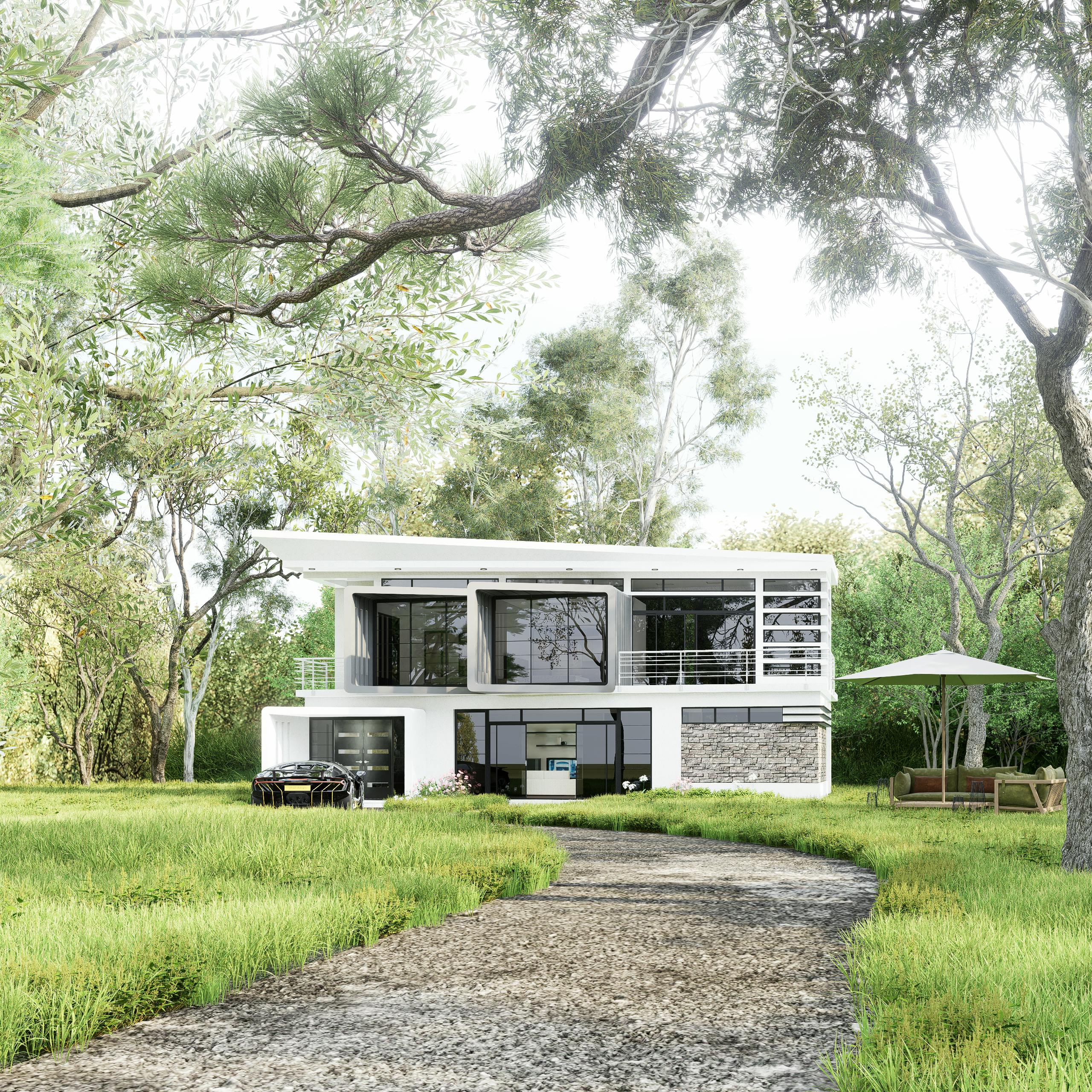 Elegant modern mansion surrounded by lush greenery with a luxury car in the driveway.