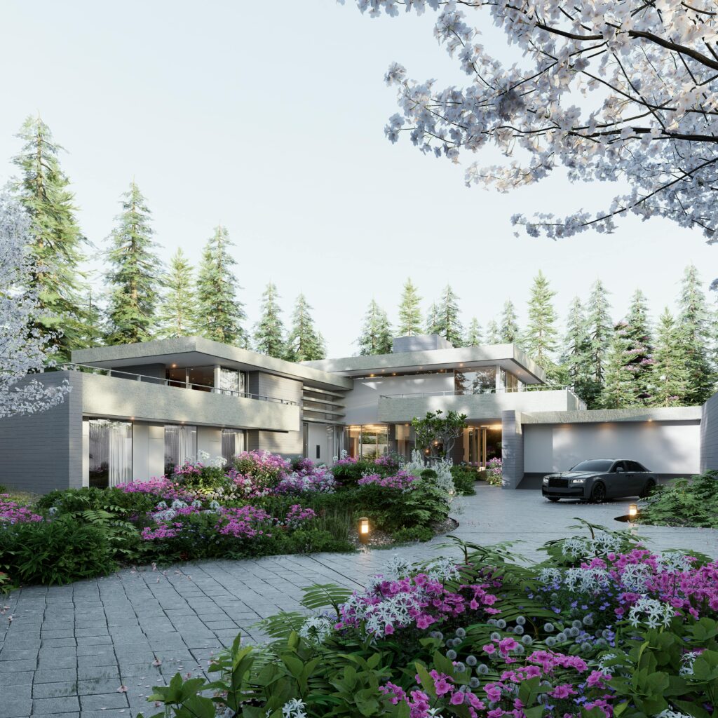 A contemporary villa surrounded by vibrant flowers and trees, showcasing modern architecture in a serene forest landscape.